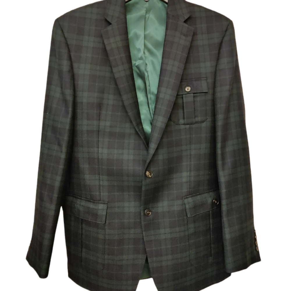 Mens Izod Green Plaid Wool Sports Coat US Men's Size 40L Blazer Lined.